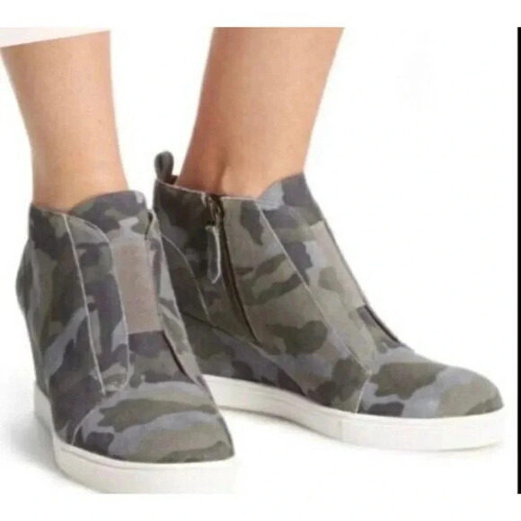 Linea Paolo 6M Suede Camo Wedge Heel Side Zip Ankle Boot Sneakers Green Blue - Picture 5 of 12